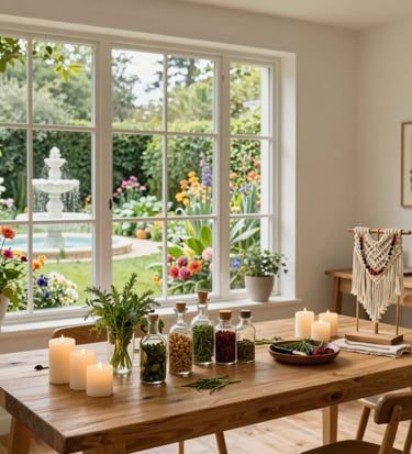 A wood table with candles and herbs on it. It is in a room that has a view of a flower garden.