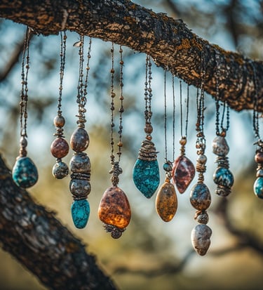Artisan stone and beaded jewelry hanging from a tree branch in nature