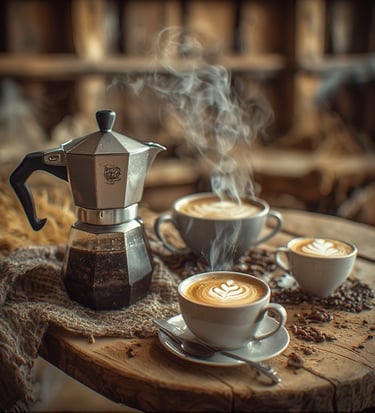 Small rustic wooden table with a coffee pot and three cups of steaming hot coffee