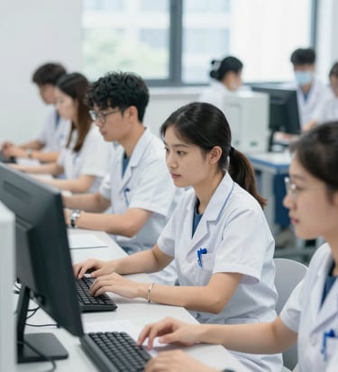 Students in a simulated clinical environment, practicing healthcare management tasks with modern equipment.