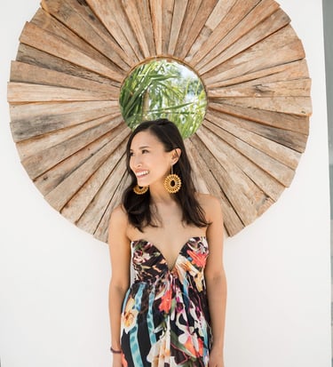 Regina portrait with tropical decor during bridal party celebration in Seminyak Bali