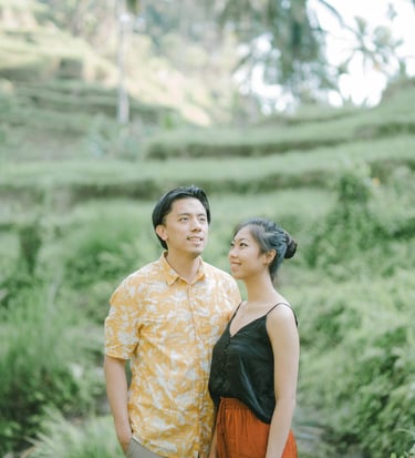 Romantic couple portrait during a sunrise photography session at Tegalalang Ubud Bali.