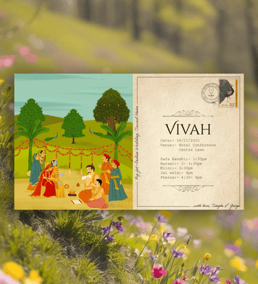 a wedding invitation with a couple of people sitting on a bench