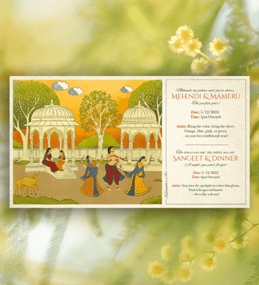 a wedding invitation with a couple of people sitting on a bench
