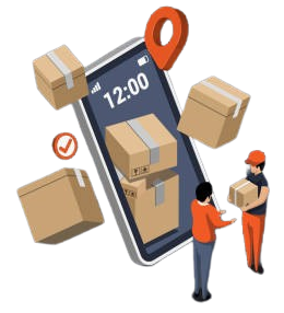 Caixas sendo compradas através do celular e uma pessoa entregando as caixas para o cliente.