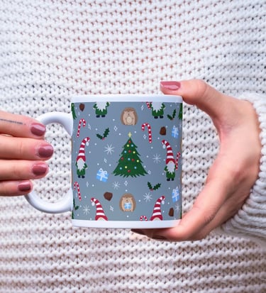 a mug with a festive christmas pattern featuring a gnome hedgehog candy cane