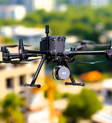 a small drone flying over a city
