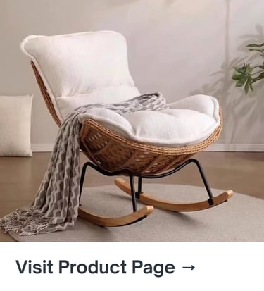 Cozy rattan rocking chair with soft white cushions in a modern neutral living room