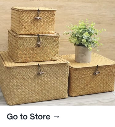 Set of natural woven rattan storage baskets used for home organization
