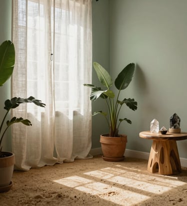 A serene holistic therapy room in Porto, Portugal / Western European, soft natural sunlight streaming through linen curtains, potted botanical plants, warm earthy sand and pale sage green tones, crystals on a wooden side table.