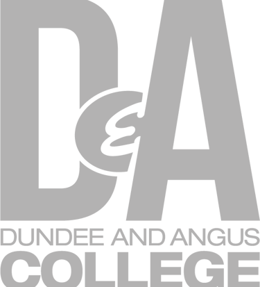 Dundee and Angus College official logo with gray D&A initials on a black background.