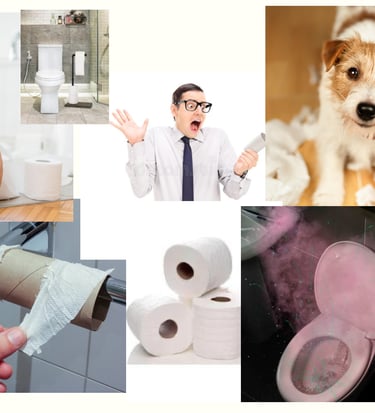 a collage of the problems created by exposed or limited toilet paper
