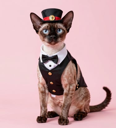 Un gato Cornish Rex marrón con ojos azules que lleva un chaleco y un sombrero de esmoquin negro