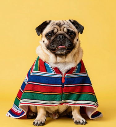 Un adorable perro pug con un colorido poncho mexicano a rayas, sentado sobre un fondo amarillo