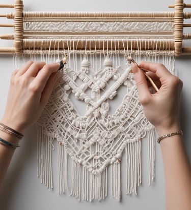 Manos de artesana haciendo una artesanía de macramé en un fondo blanco,