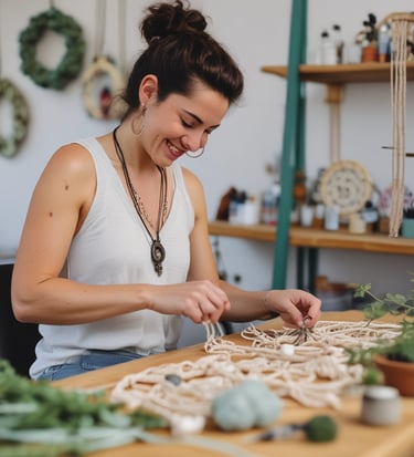 Artesana realizando joyería de macramé en un taller.