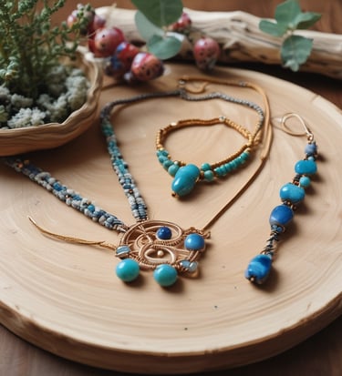 Piezas de joyería de macramé con piedras preciosas sobre una mesa.