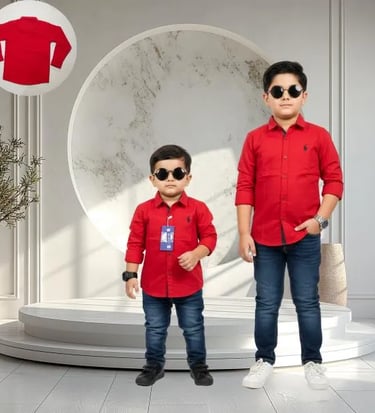 Red Shirt: Vibrant red long-sleeve casual shirt for kids.