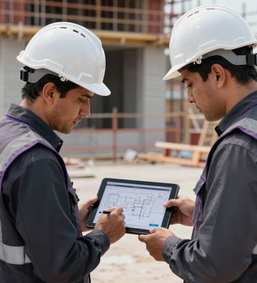 Civil engineers wearing safety helmets review digital site plans on a tablet at an active construction project in Mexico / Latin America. Professional tone, sharp focus, deep charcoal safety vests with subtle violet detailing.