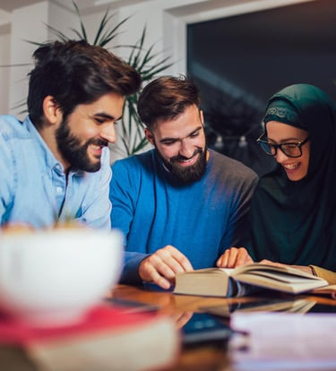 Group of students of diverse ethnic learning at home. Learning and preparing for university exam, se