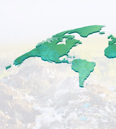 World map overlay above mixed plastic waste—signal for global circularity and polymer upcycling.