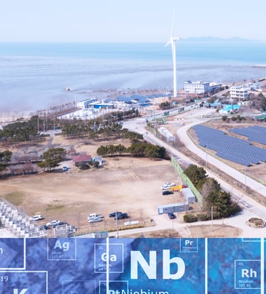 Aerial coastline with wind farm overlaid by periodic-table—concept visual for rare-earth separation.