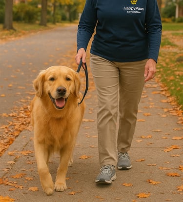 Burlington dog walker giving one-on-one walk on quiet sidewalk | Happy Paws Burlington