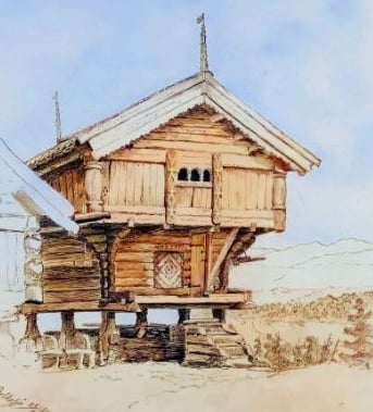 water color painting of norwegian stabbur building, pastel tones, stabbur is on low stilts