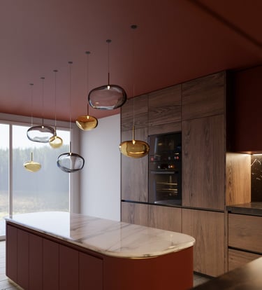 Rendu 3D d’une cuisine moderne avec îlot central en marbre, meubles en bois et suspensions design en verre coloré.