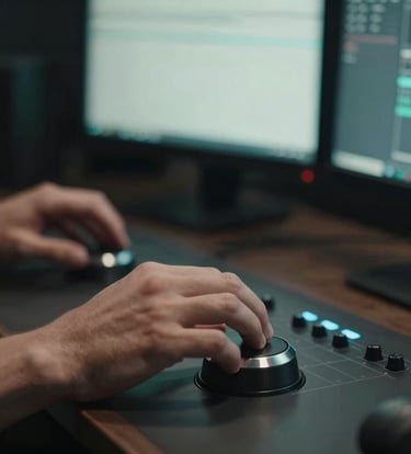 A professional video editor's hands working on a sleek, metallic jog dial in a dark studio setting. The scene is illuminated by the soft Pale Mist glow of monitors and a sharp Muted Teal accent light.