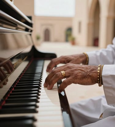 A detailed close-up of a Moroccan musician's hands resting on a polished dark piano, with subtle gold jewelry. The background shows hints of modern North African architecture in low light.