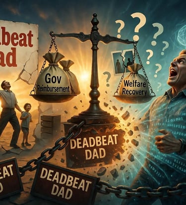 Symbolic illustration of a determined father breaking free from “Deadbeat Dad” chains