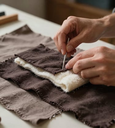 A medium shot of an artist's hands using a silver needle to stitch through three layers of fabric: a dark espresso cotton, a thick batting, and a muted taupe backing. The scene is set in a studio with soft morning light.