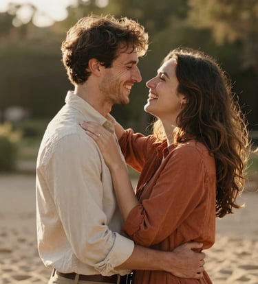 A medium shot of a couple in a warm embrace, laughing together in a garden bathed in golden hour light. The mood is authentic and romantic, featuring soft sand and warm terracotta colors in their clothing.