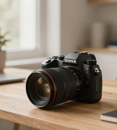 Close-up of a professional camera on a clean oak surface, soft daylight from a window, minimalist North American / Canadian home office setting, neutral palette of beige and cream.