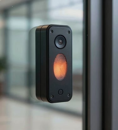 A macro photograph focusing on a sleek black biometric fingerprint scanner installed on a modern glass door in a South American / Brazilian corporate lobby. A soft vibrant orange light pulses from the sensor.