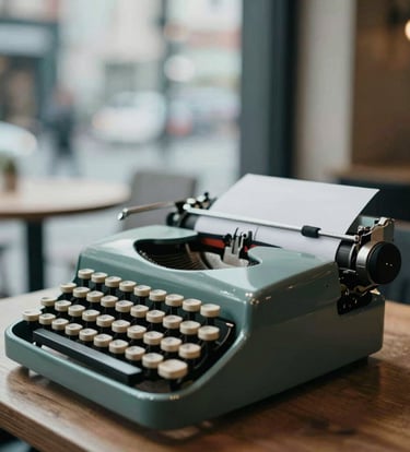 Spontaneous, cinematic street photography style. A close-up of a vintage typewriter in an urban cafe, shallow depth of field, natural light coming from a large window. Touches of #F8F6F2 in the highlights.