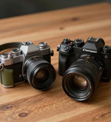 A professional close-up of two distinct cameras—one vintage film and one modern digital—resting on a wooden surface in a North American / US studio setting. The lighting is warm and artistic, showcasing the muted olive and sage green gear straps.