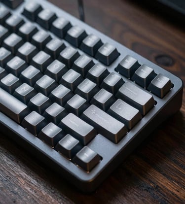 A close-up, sharp photograph of a high-end mechanical keyboard on a dark wood desk. The lighting is cool and focused, highlighting silver mist textures on the keys against deep sea slate shadows. The mood is precise and technical.