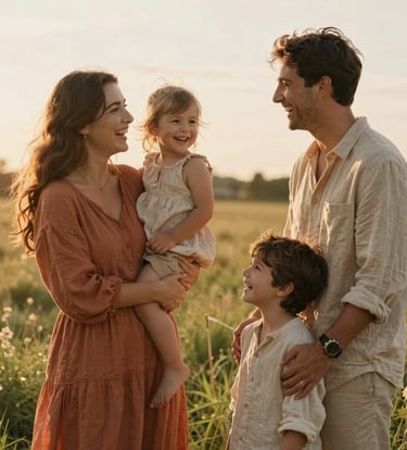 A candid, medium shot of a young family laughing together in a sun-drenched meadow. They are dressed in light terracotta and warm beige linen. The lighting is soft and golden, with the sun behind them creating a cinematic halo effect. Authentic interactions and genuine joy.