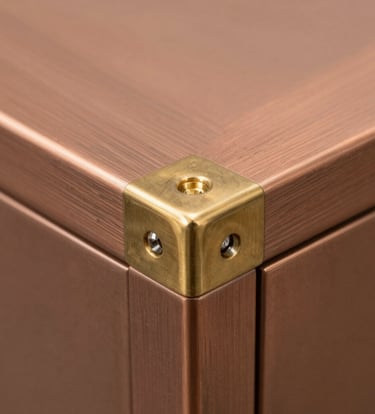 A macro photograph of a brushed brass corner joint of a luxury furniture piece. The metal is smooth with a soft muted copper sheen. The lighting is focused and warm, highlighting the seamless craftsmanship and industrial elegance.