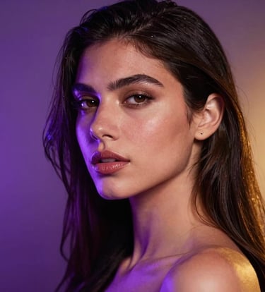 A close-up seductive portrait of an elegant model in a premium studio, illuminated with striking neon violet and warm gold backlighting, Latin American / Global vibe, high-fashion dark-mode photography.