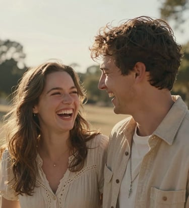 A candid, cinematic close-up of a young couple laughing together in a sun-drenched Western / Global park. The lighting is warm and golden, highlighting their genuine joy. The color palette features soft sand and warm beige tones.