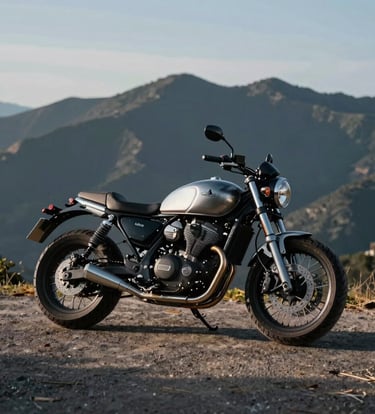 A medium shot of a custom motorcycle parked on a high-altitude overlook in a Global / Western landscape. The lighting is low-sun, creating long shadows and highlighting the metallic silver grey textures of the bike against a dark charcoal mountain silhouette.