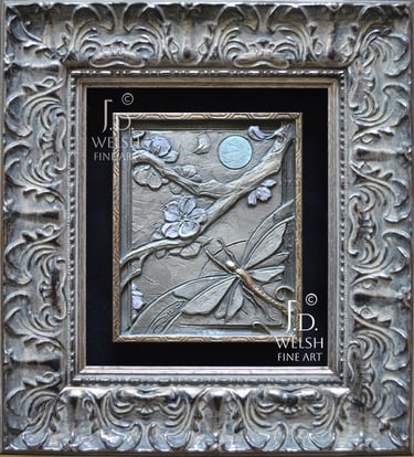 Small framed bronze sculpture, "A Light and Aloft" features a mayfly, cherry blossoms the sun.