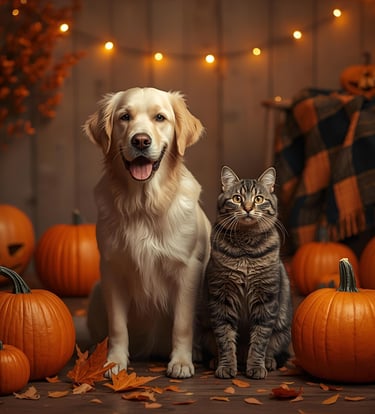 Dog and cat indoors with pumpkins and fall leaves in Burlington.