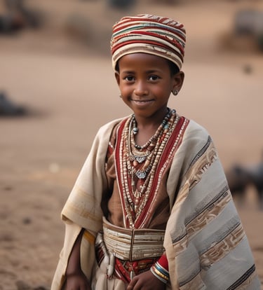 A child wearing a traditional outfit adorned with intricate beads and decorations stands prominently. The headpiece features black fabric with white beads, silver ornaments, and red accents. In the background, more children are wearing similar attire, slightly out of focus.