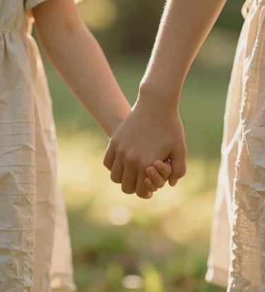 A cinematic close-up of a child's hand holding their parent's hand while walking in a sun-drenched garden. Warm, golden sunlight filtering through leaves. High-contrast, authentic, and cinematic style with a soft sandy palette.