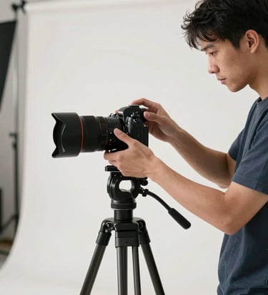 A professional photographer working in a sleek North American studio, adjusting a modern mirrorless camera on a tripod. The lighting is soft and natural, with a palette of dark blue-gray and off-white.
