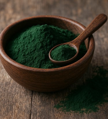 a wooden bowl of spirulina with a wooden spoon
